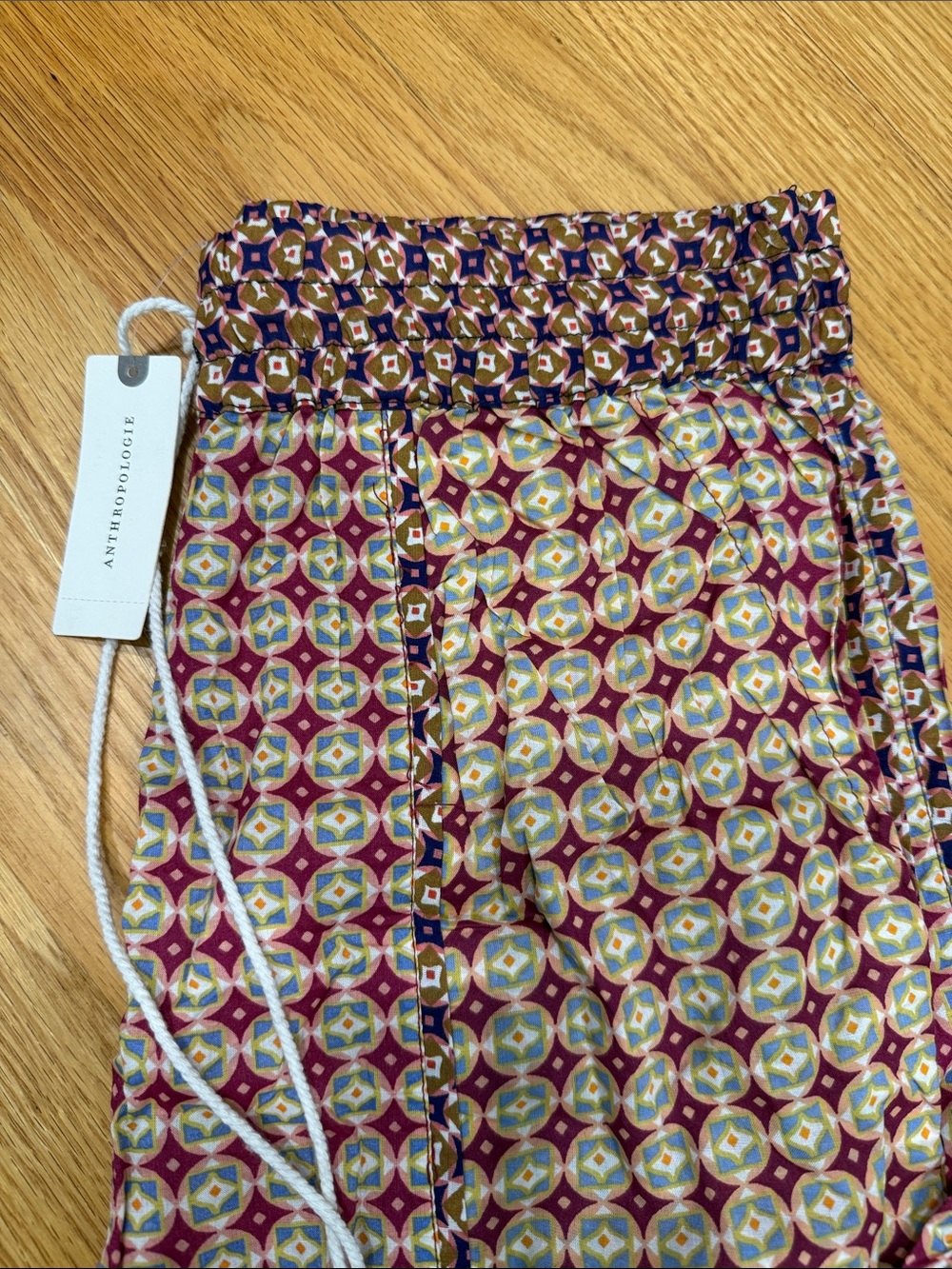 Anthropologie Burgundy and Cream Geometric Drawstring Joggers
